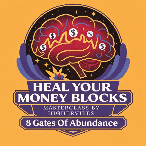 Money blocks masterclass — illustrated brain held by hands surrounded by abundance symbols