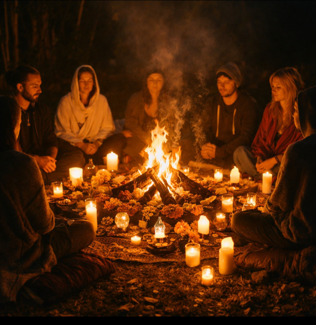 Sacred ceremony — circle around fire by candlelight