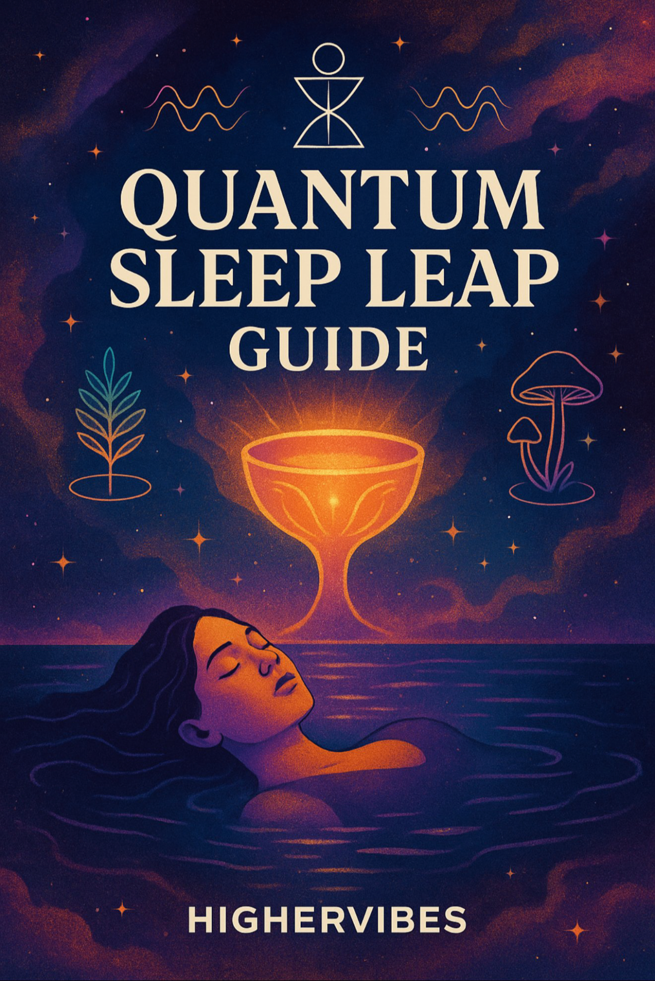 Quantum sleep leap — woman floating in cosmic waters beneath a glowing chalice